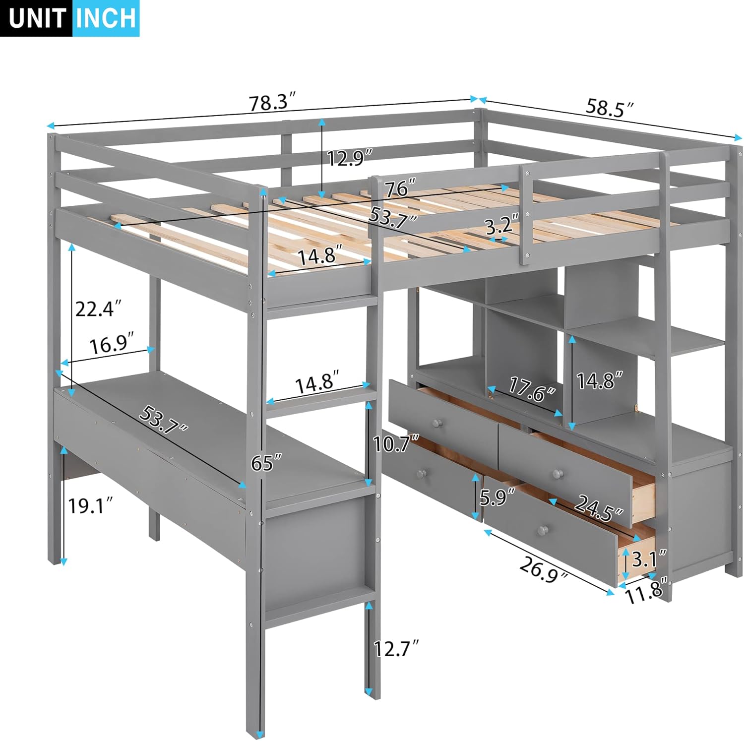 Full Size Solid Wood Loft Bed with Desk and 2 Drawers, Grey F617659