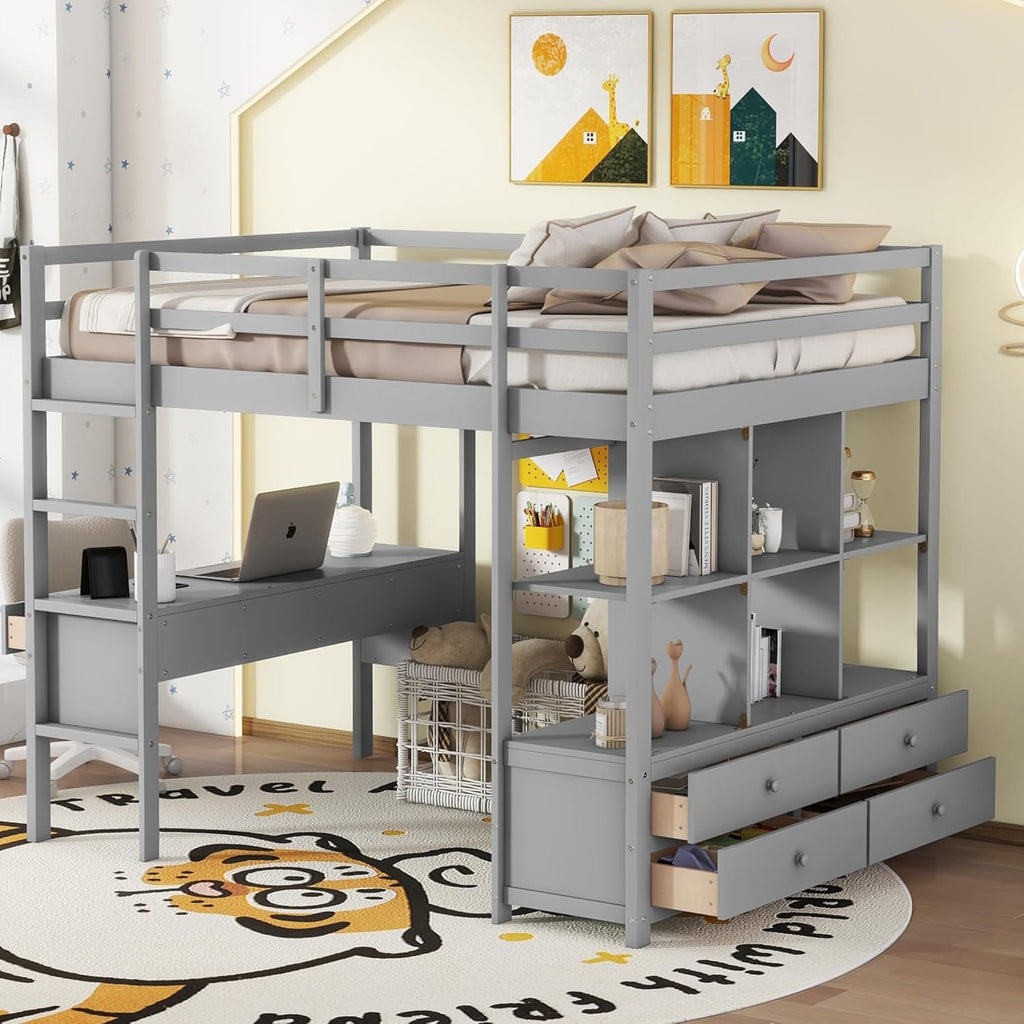 Full Size Solid Wood Loft Bed with Desk and 2 Drawers, Grey F617659