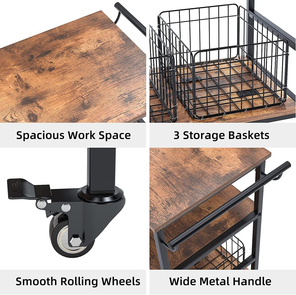 Rustic Brown 3-Tier Rolling Bar Cart with Wheels O8441