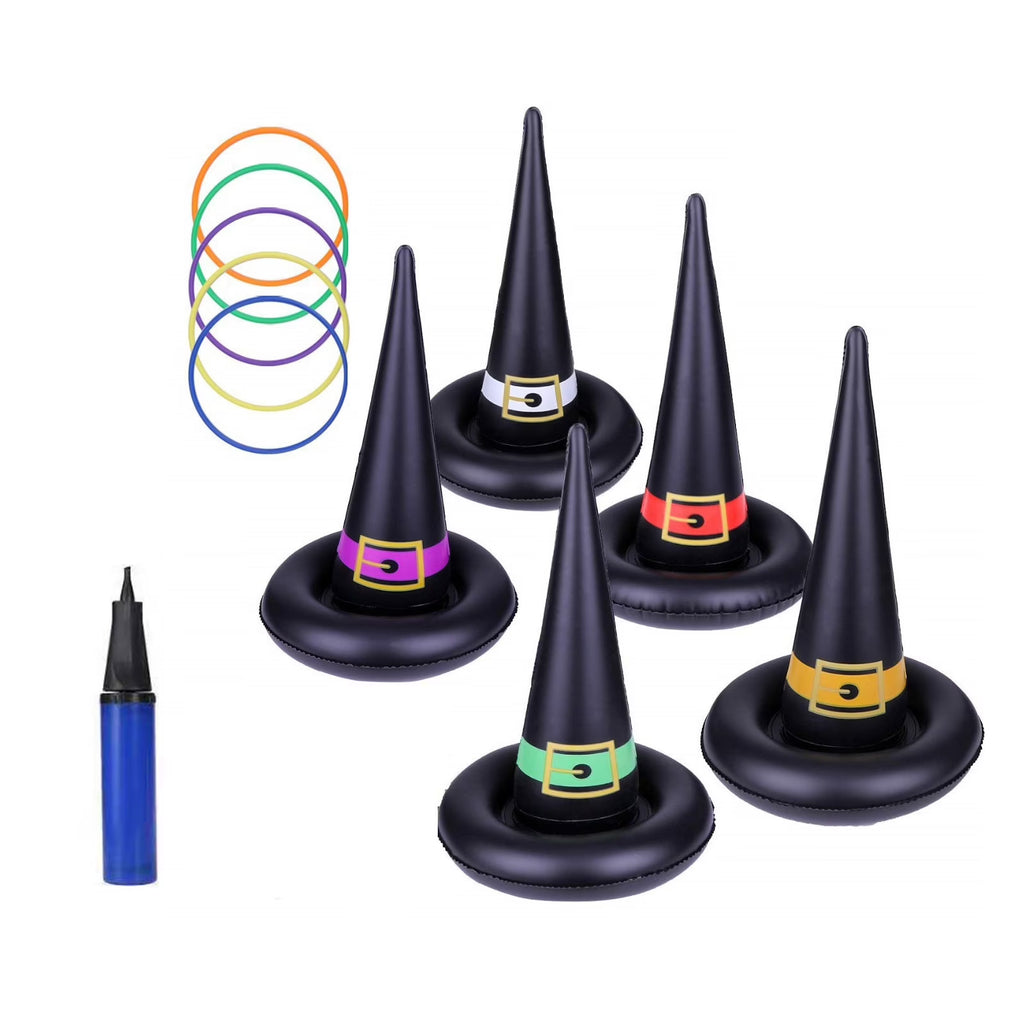 11 Pack Halloween Inflatable Witch Hat Ring Toss Game Set with Plastic Ring Toss and Inflatable Witch Hats F396445