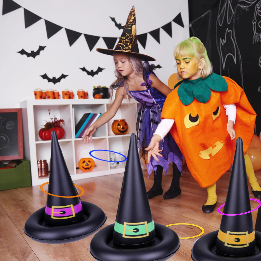 11 Pack Halloween Inflatable Witch Hat Ring Toss Game Set with Plastic Ring Toss and Inflatable Witch Hats F396445