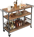 Rustic Brown 3-Tier Rolling Bar Cart with Wheels O8441