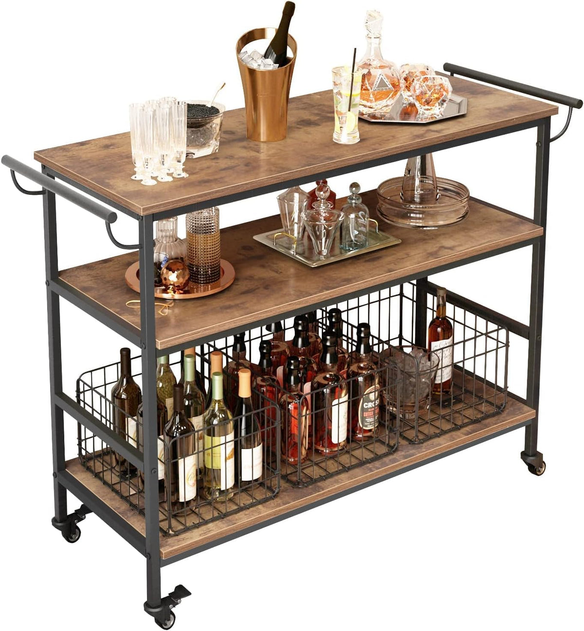 Rustic Brown 3-Tier Rolling Bar Cart with Wheels O8441