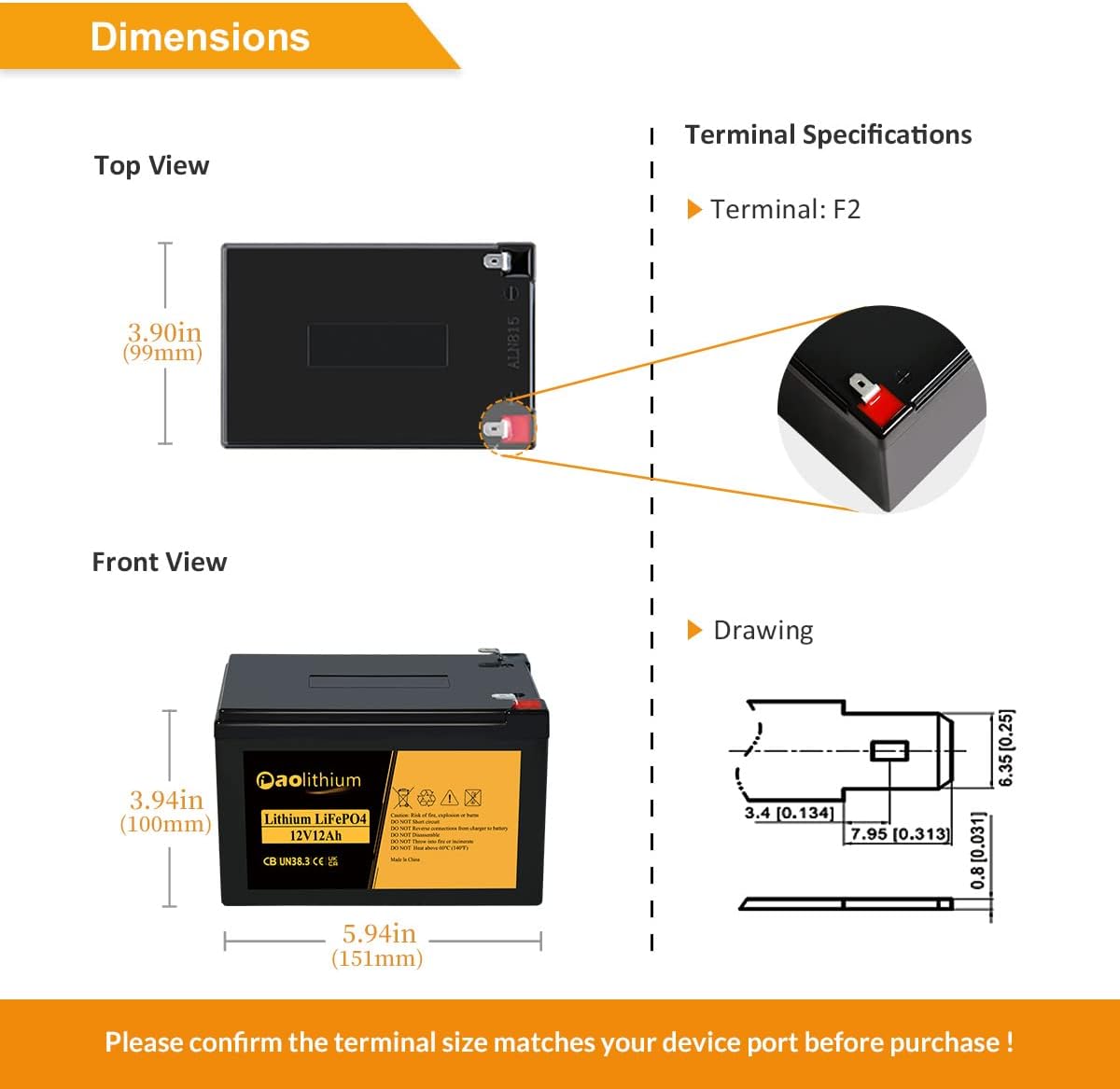 12V 12Ah LiFePO4 Deep Cycle Rechargeable Battery with Built-in BMS and F2 Terminal T4392