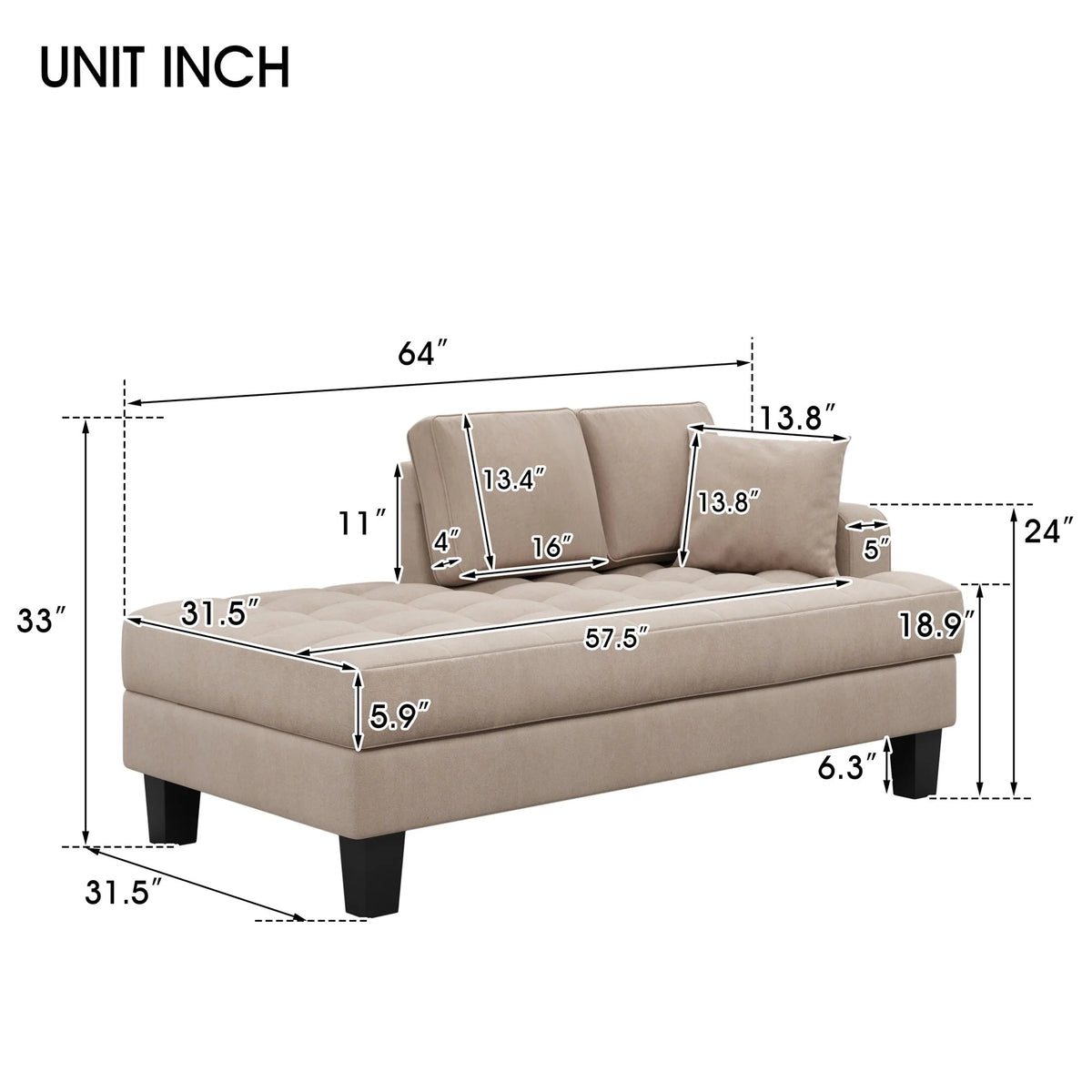 Grey Deep Tufted Upholstered Chaise Lounge with Toss Pillow K932979