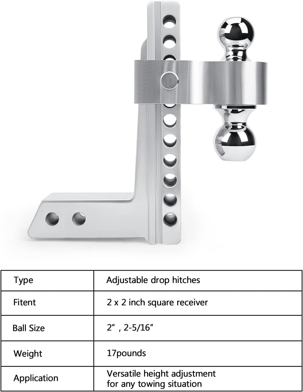 Adjustable Trailer Hitch Ball Mount, 2-Inch Receiver, 6-Inch Drop, 6-Inch Rise, Dual Towing Balls with Double Pin Key Locks N700071