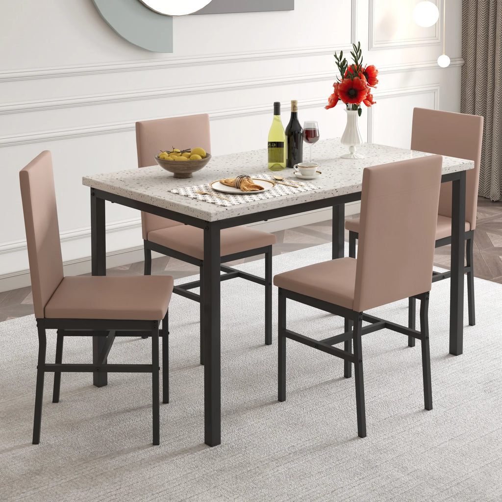 5 Piece Dining Table and Chairs Set with Faux Marble Tabletop and 4 PU Leather Upholstered Chairs N86857