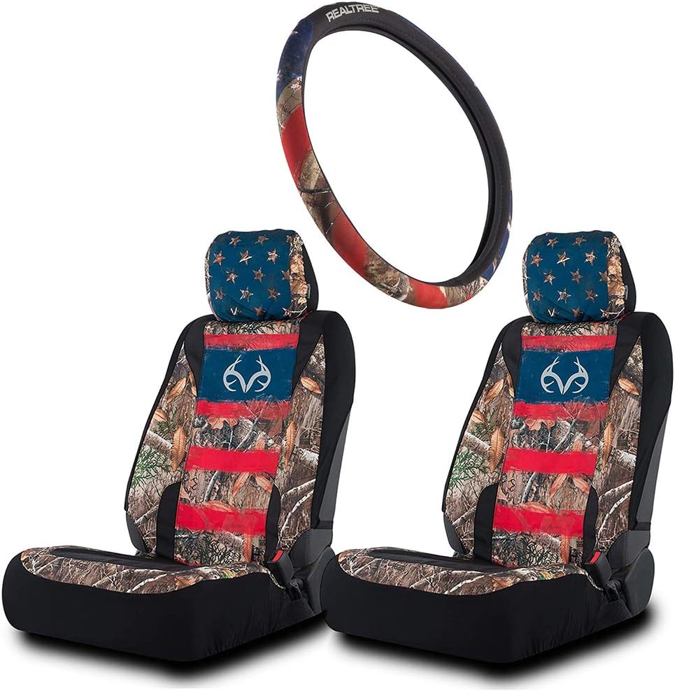 3pc Camo Auto Accessories Kit, 2 Front Seat Covers and 1 Wheel Cover E9551