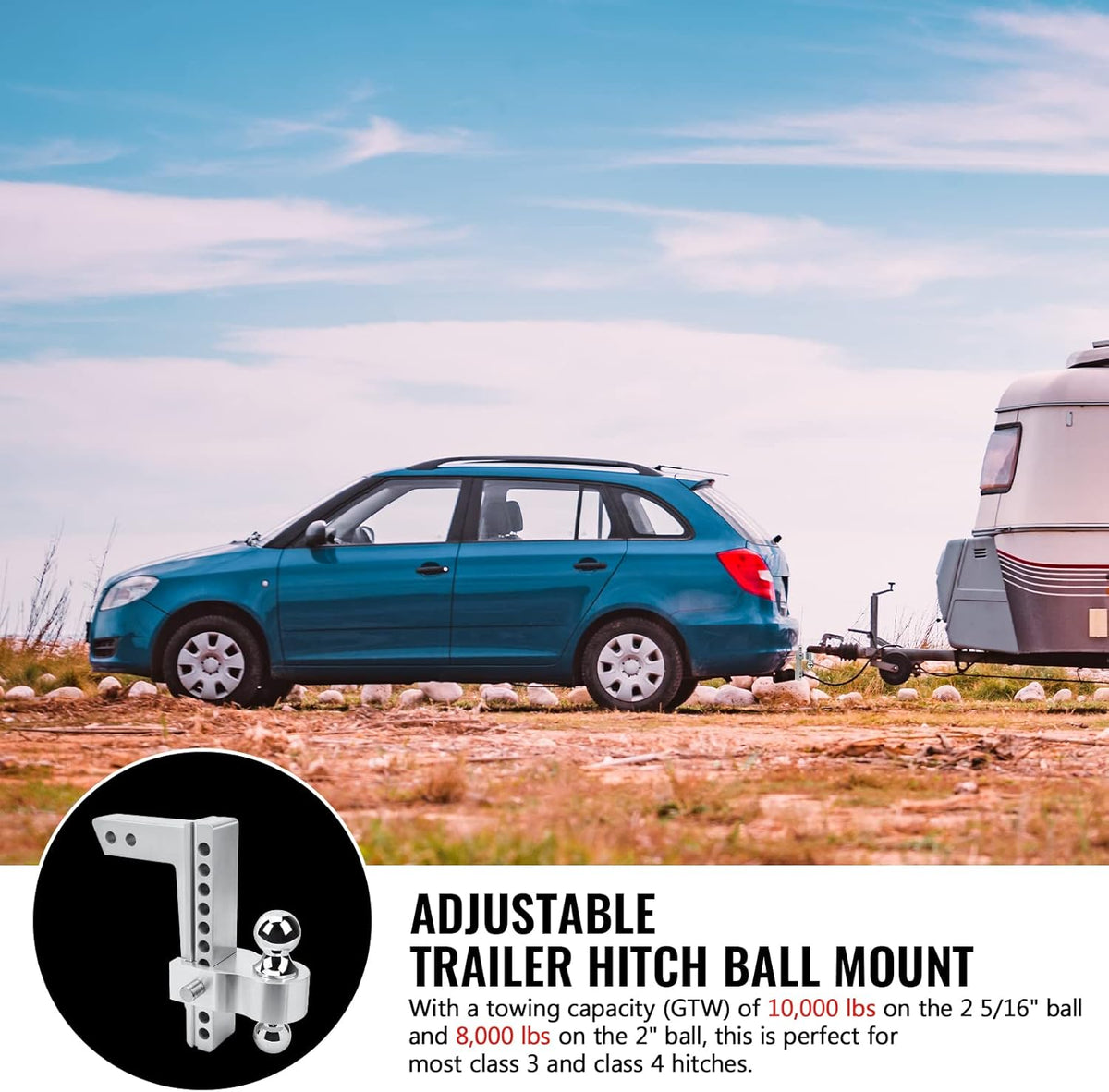 Adjustable Trailer Hitch Ball Mount, 2-Inch Receiver, 6-Inch Drop, 6-Inch Rise, Dual Towing Balls with Double Pin Key Locks N700071