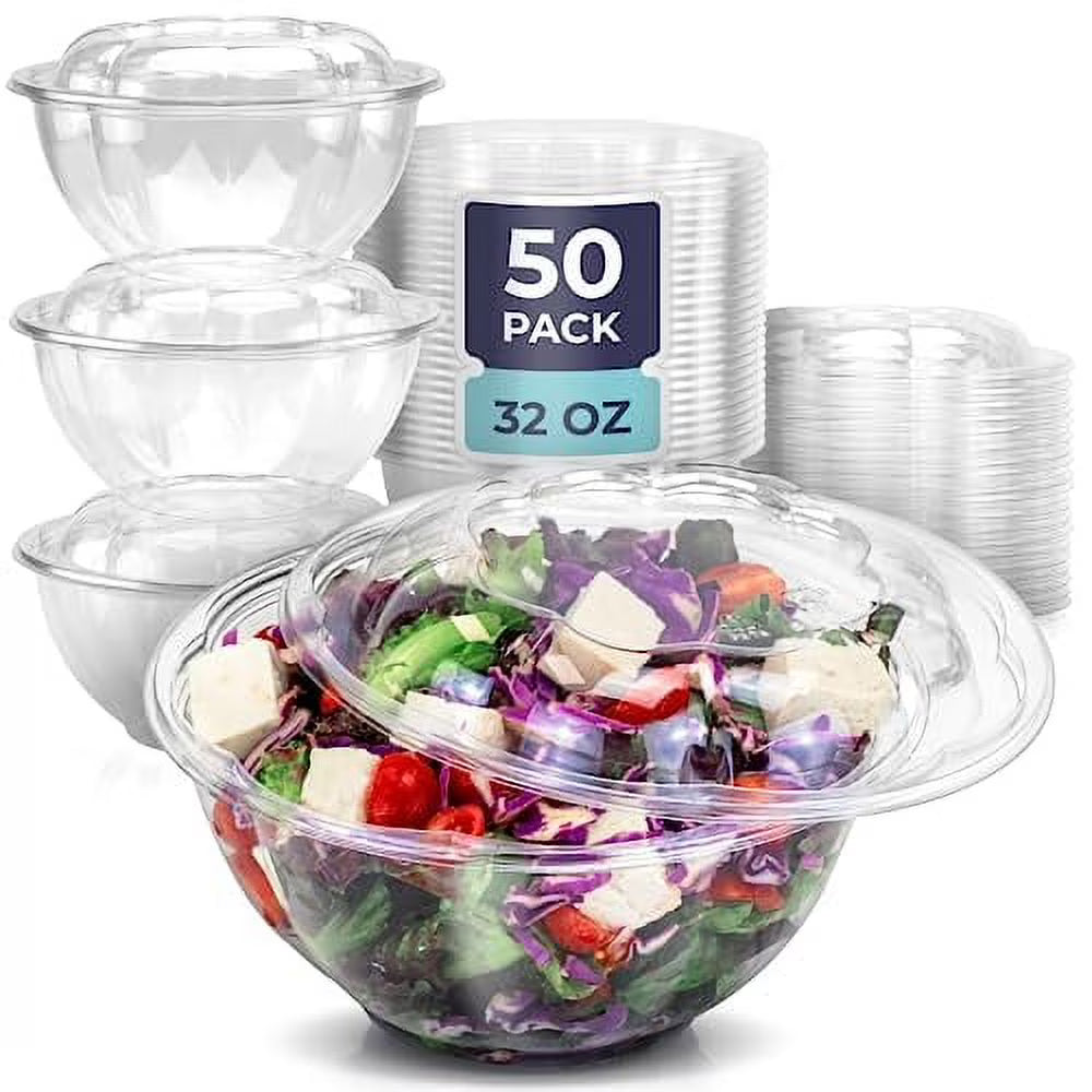 50 Pack 32 oz Clear Plastic Salad Bowls with Airtight Lids Q105