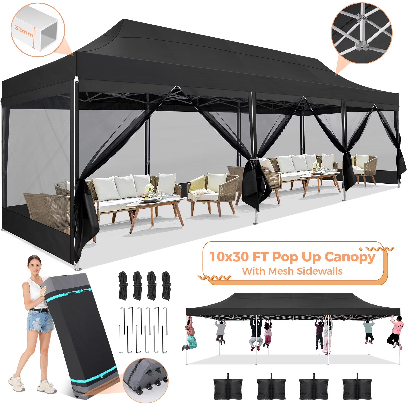 10x30 FT Pop Up Canopy with Mesh Sidewalls, Black H182