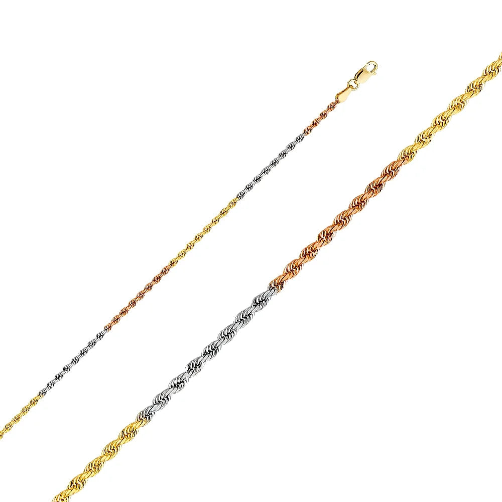 14k Tri 3 Color Gold Polished Solid 2.0mm Solid Rope Diamond Cut Chain Necklace - 22" V3724