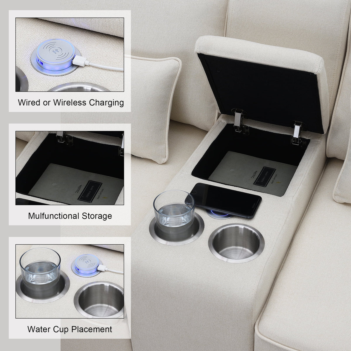 Upholstered Sofa with Console, 2 Cupholders and 2 USB Ports, Linen Fabric, 4-Seat P334489