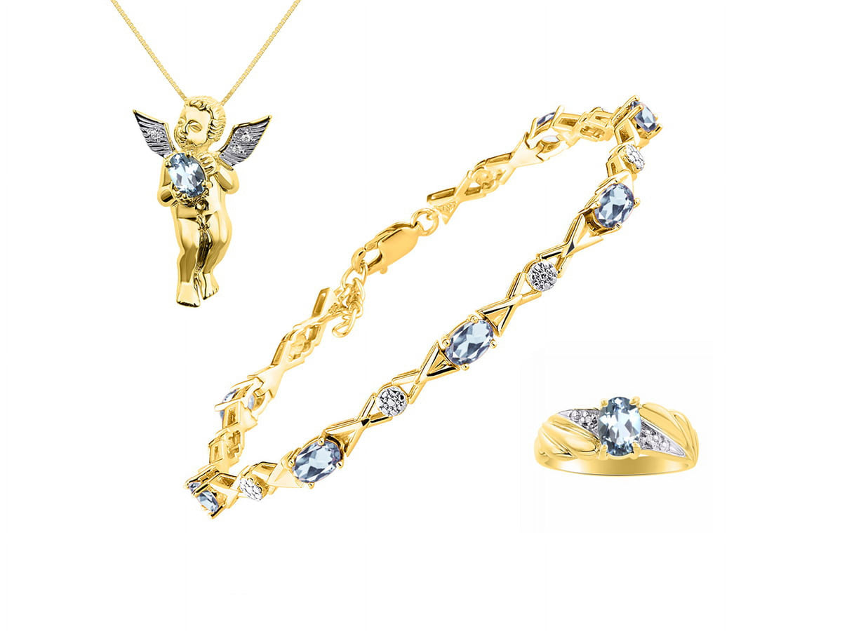 Yellow Gold Plated Hugs & Kisses Angel Necklace, Tennis Bracelet, & Ring with Diamonds Adjustable 7"-8" Wrist & 18" Chain Aquamarine Birthstone Jewelry K95092