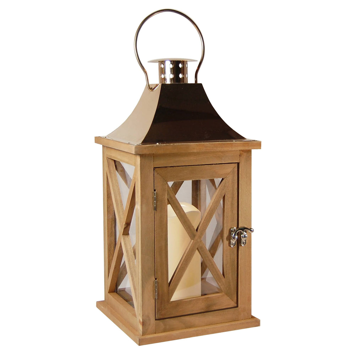 Natural Wooden Lantern with Copper Roof and LED Candle W52434