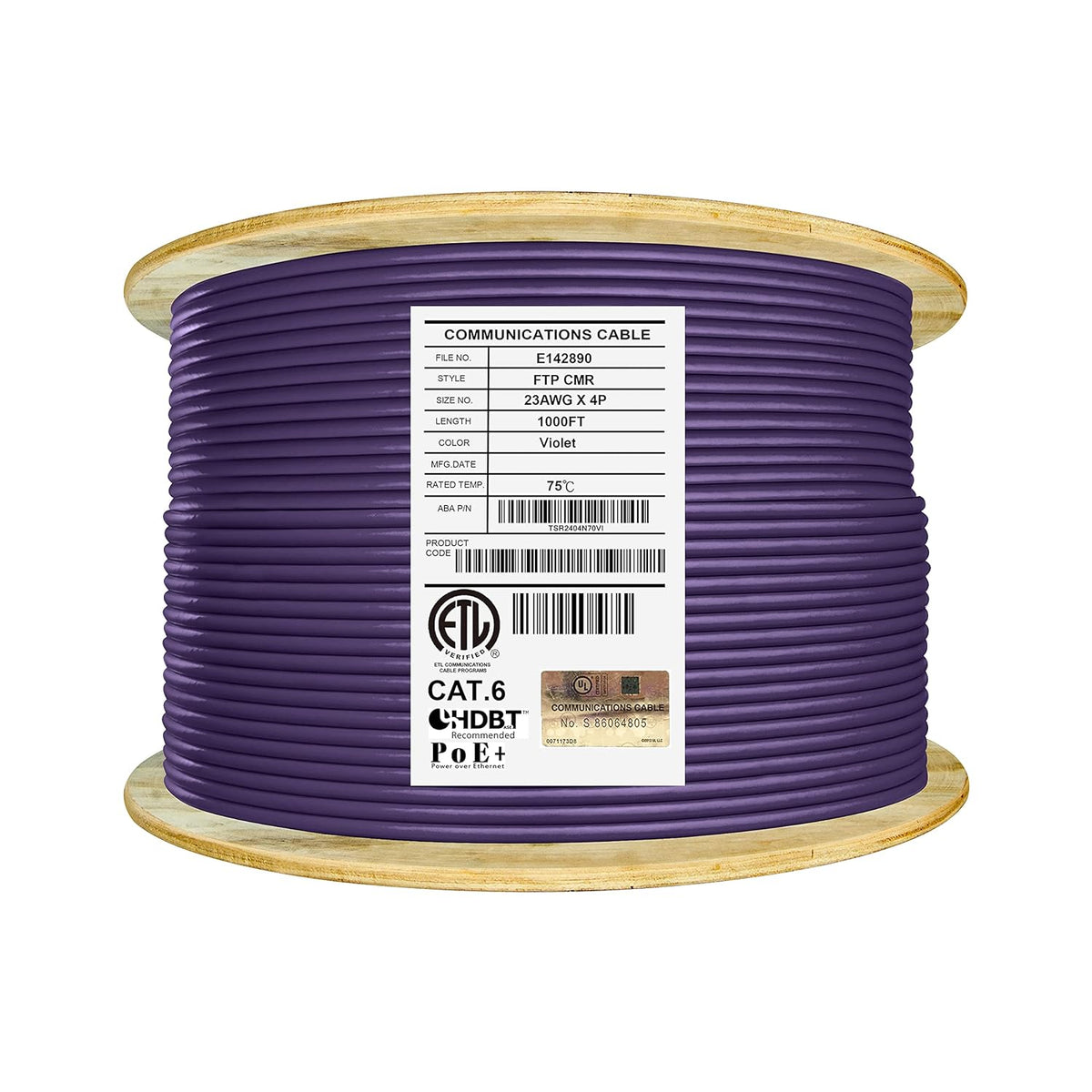 Bulk Ethernet Cable Reel, Cat6 Shielded Riser, 1000ft, F/UTP 23AWG, Solid Bare Copper, Grey V72047