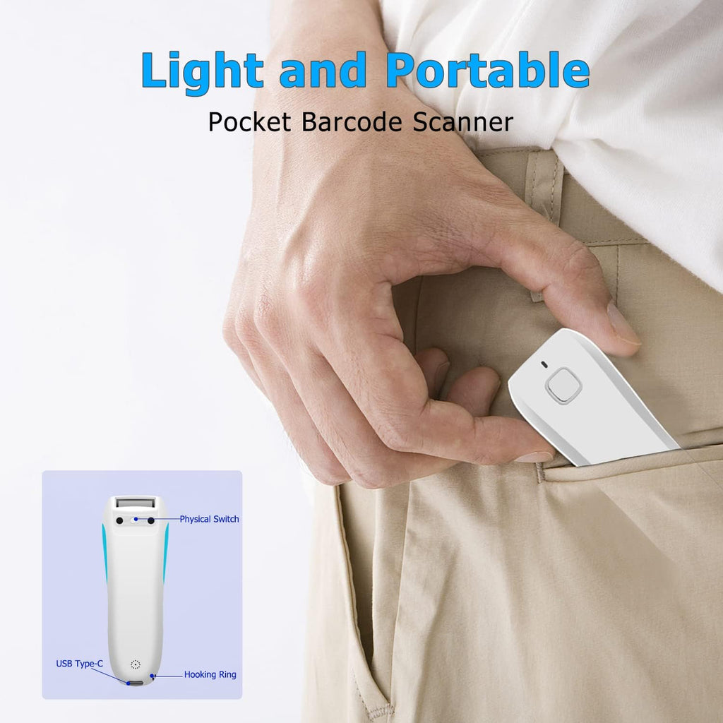 Wireless 2D QR Barcode Scanner, Bluetooth Portable Pocket Small 1D 2D Bar Code Reader, White Pack of 2 B483