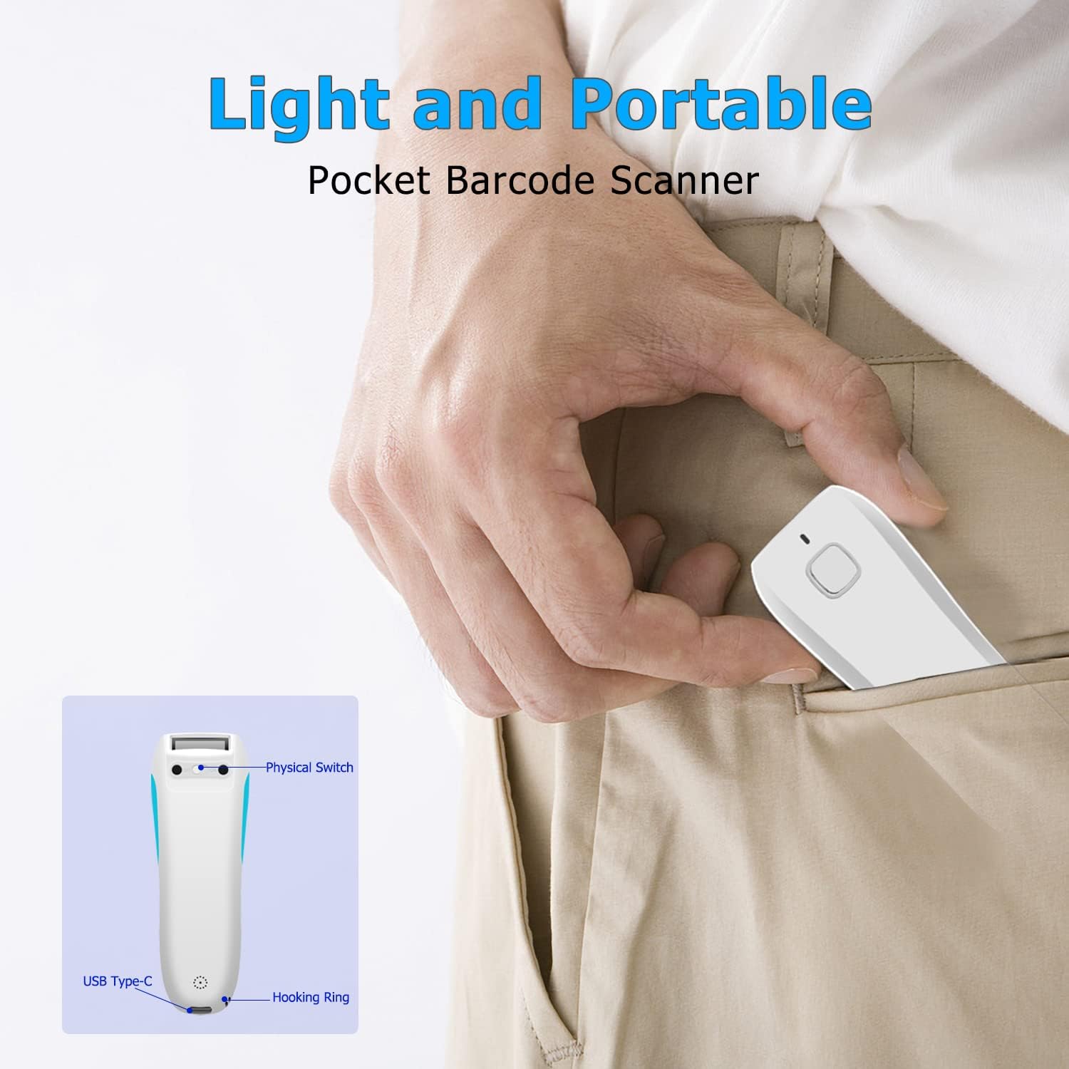 Wireless 2D QR Barcode Scanner, Bluetooth Portable Pocket Small 1D 2D Bar Code Reader, White Pack of 2 B483