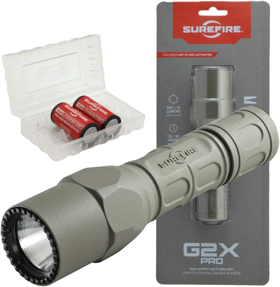 SureFire G2X Tactical 600 Lumen Flashlight Bundle with 2x Extra CR123A and Battery Case V9128