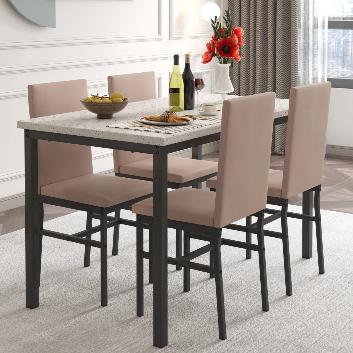 5 Piece Dining Table and Chairs Set with Faux Marble Tabletop and 4 PU Leather Upholstered Chairs N86857