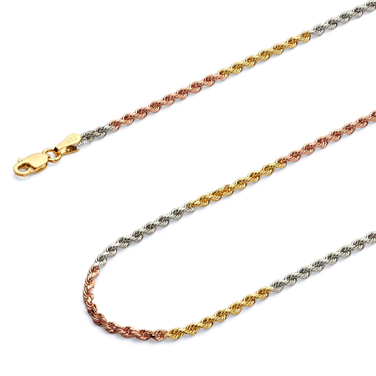 14k Tri 3 Color Gold Polished Solid 2.0mm Solid Rope Diamond Cut Chain Necklace - 22" V3724