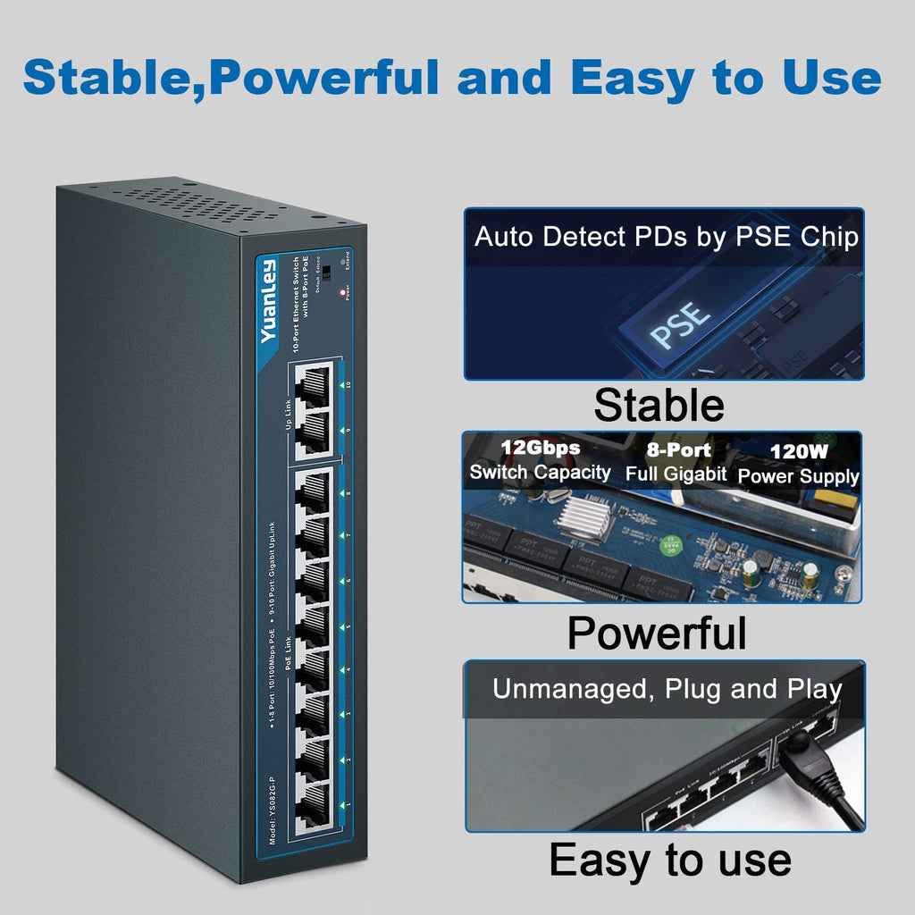 10 Port PoE Switch, 8 PoE+ Port 100Mbps, 2 Gigabit Uplink, 120W, Metal, Fanless, Pack of 2 L5738