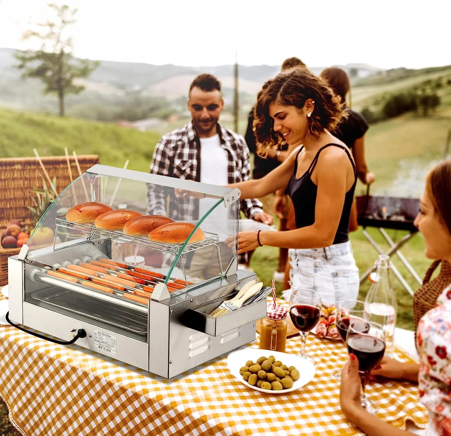 Hot Dog Roller Grill Cooker Machine with Cover, Dual Temp Control, Removable Drip Tray K46830