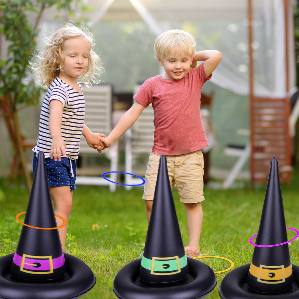 11 Pack Halloween Inflatable Witch Hat Ring Toss Game Set with Plastic Ring Toss and Inflatable Witch Hats F396445