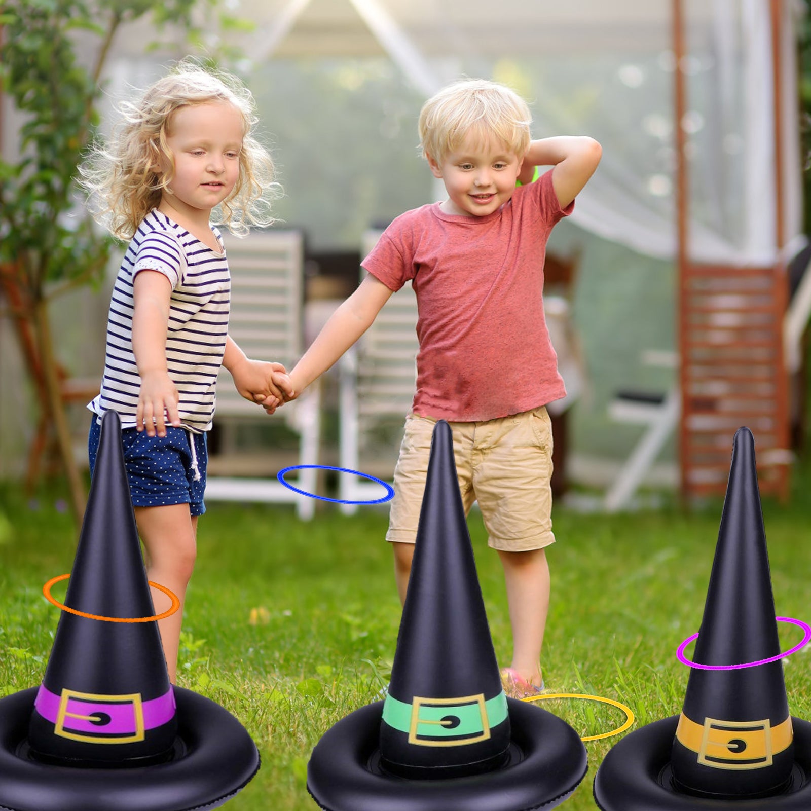 11 Pack Halloween Inflatable Witch Hat Ring Toss Game Set with Plastic Ring Toss and Inflatable Witch Hats F396445