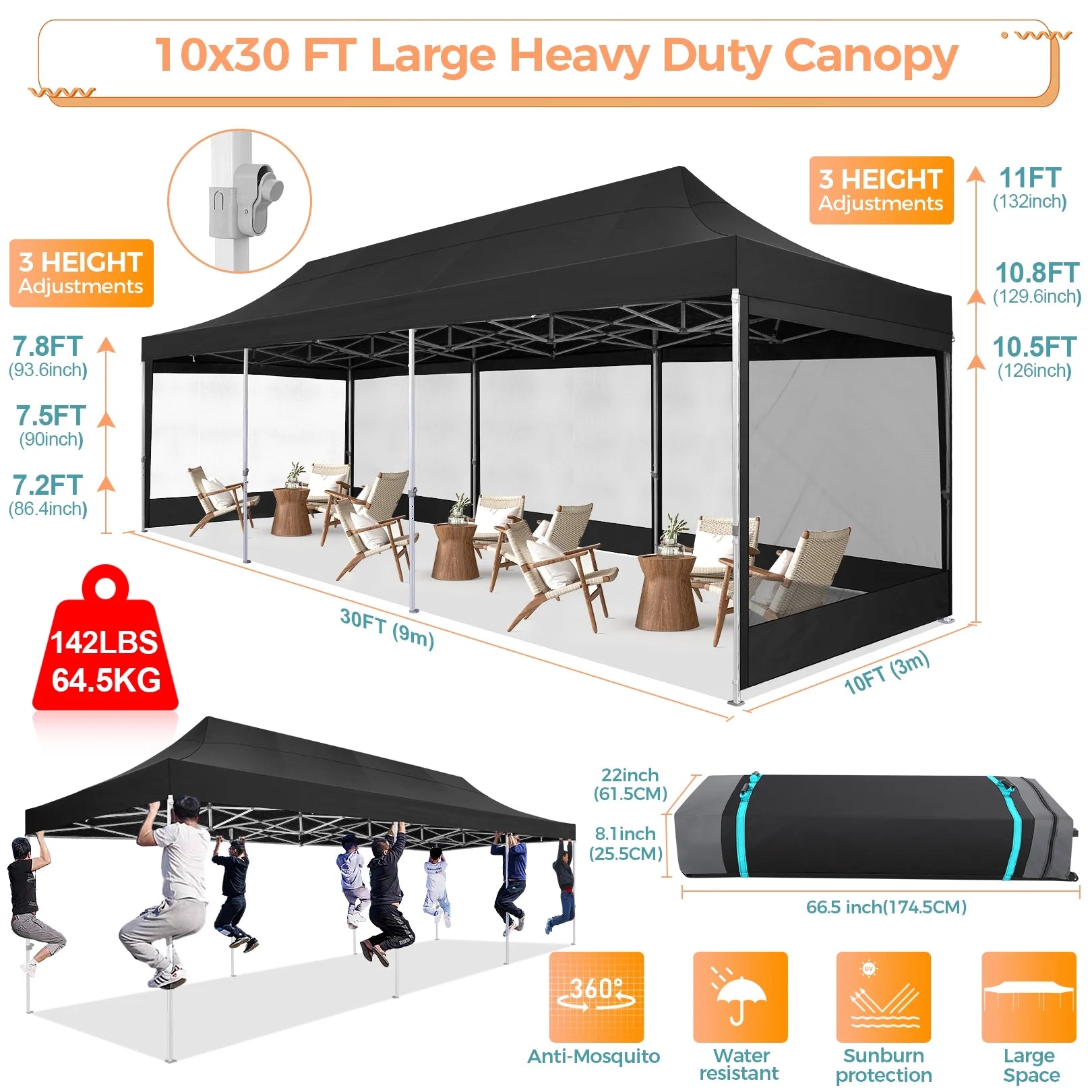 10x30 FT Pop Up Canopy with Mesh Sidewalls, Black H182