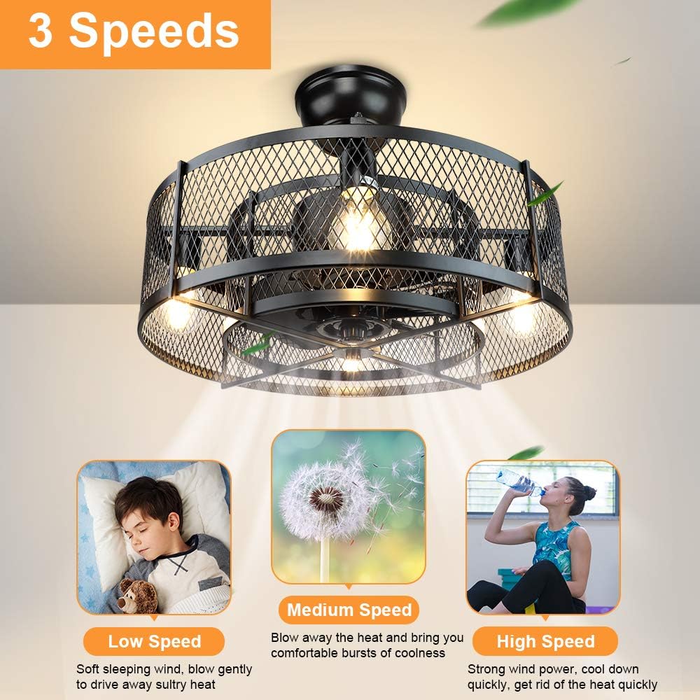 20In Caged Ceiling Fan with Light, 3 Speeds Adjustable, Remote, Black T7005