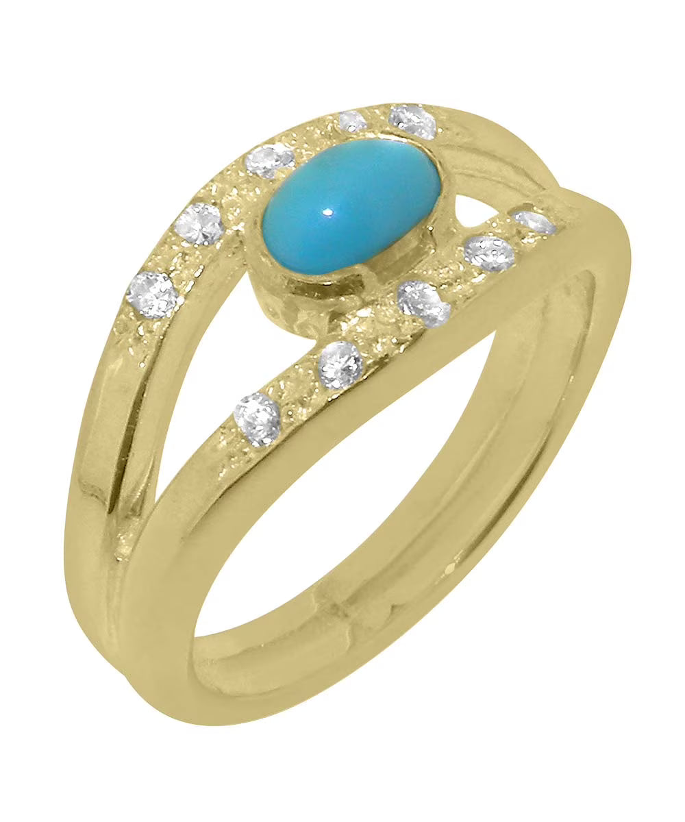 9k Yellow Gold Turquoise Diamond Womens Band Ring X424