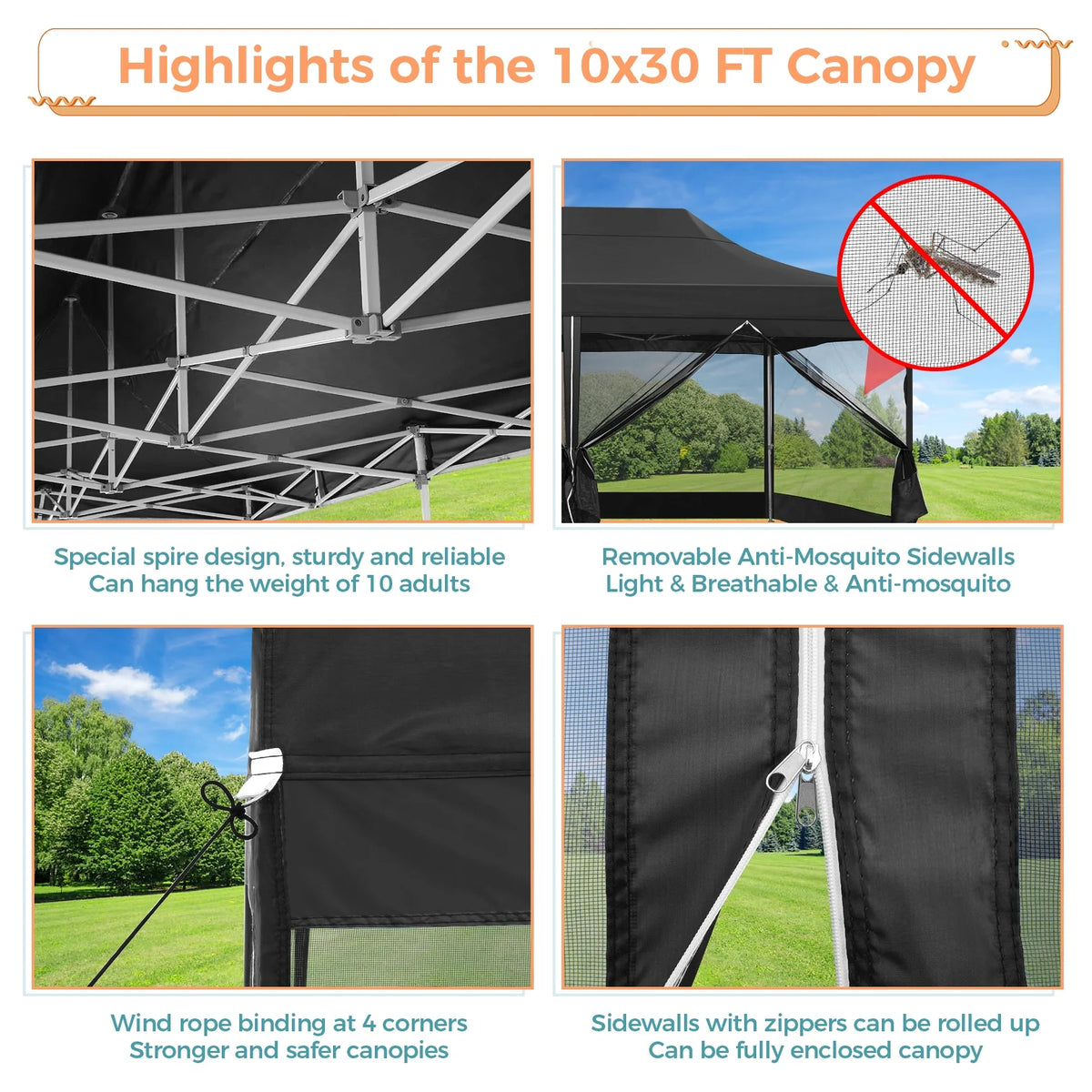 10x30 FT Pop Up Canopy with Mesh Sidewalls, Black H182